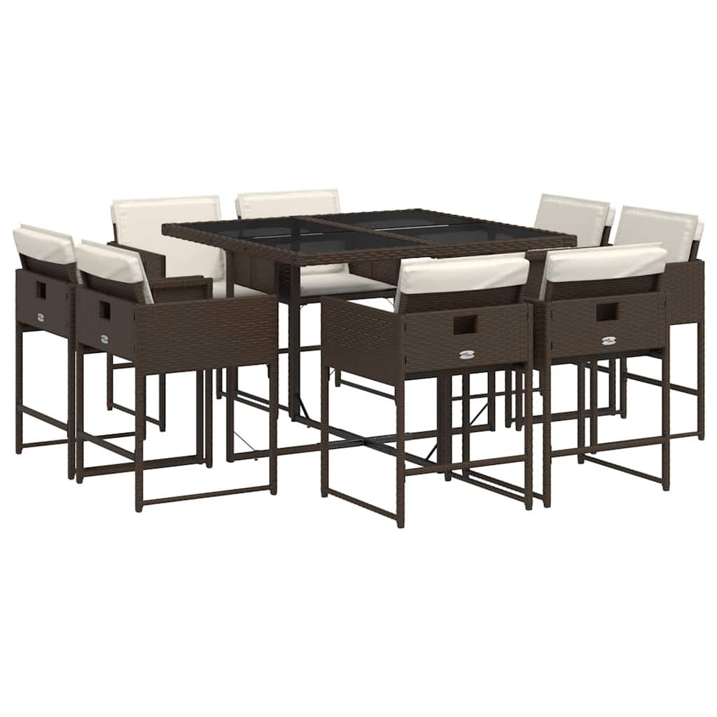 vidaXL 9 Piece Patio Dining Set with Cushions Brown Poly Rattan
