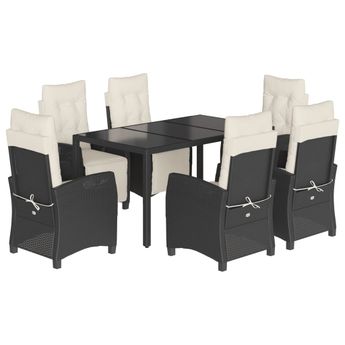 vidaXL 7 Piece Garden Dining Set with Cushions Black Poly Rattan