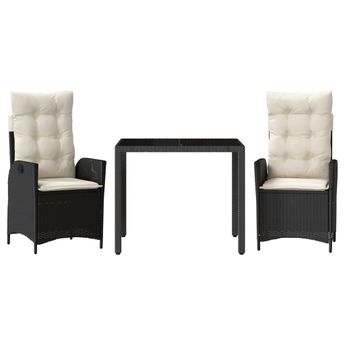 vidaXL 3 Piece Garden Dining Set with Cushions Black Poly Rattan