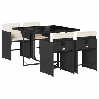 vidaXL 5 Piece Patio Dining Set with Cushions Black Poly Rattan