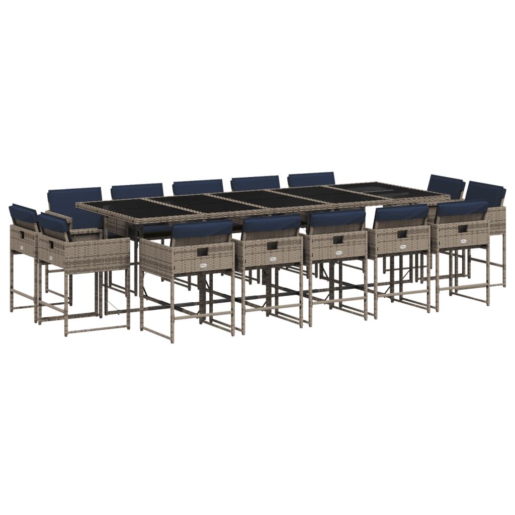 vidaXL 15 Piece Garden Dining Set with Cushions Grey Poly Rattan