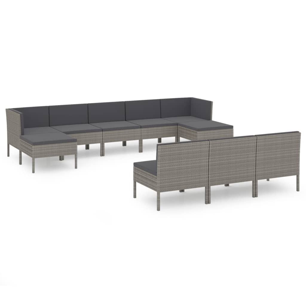 vidaXL 10 Piece Patio Lounge Set with Cushions Poly Rattan Gray