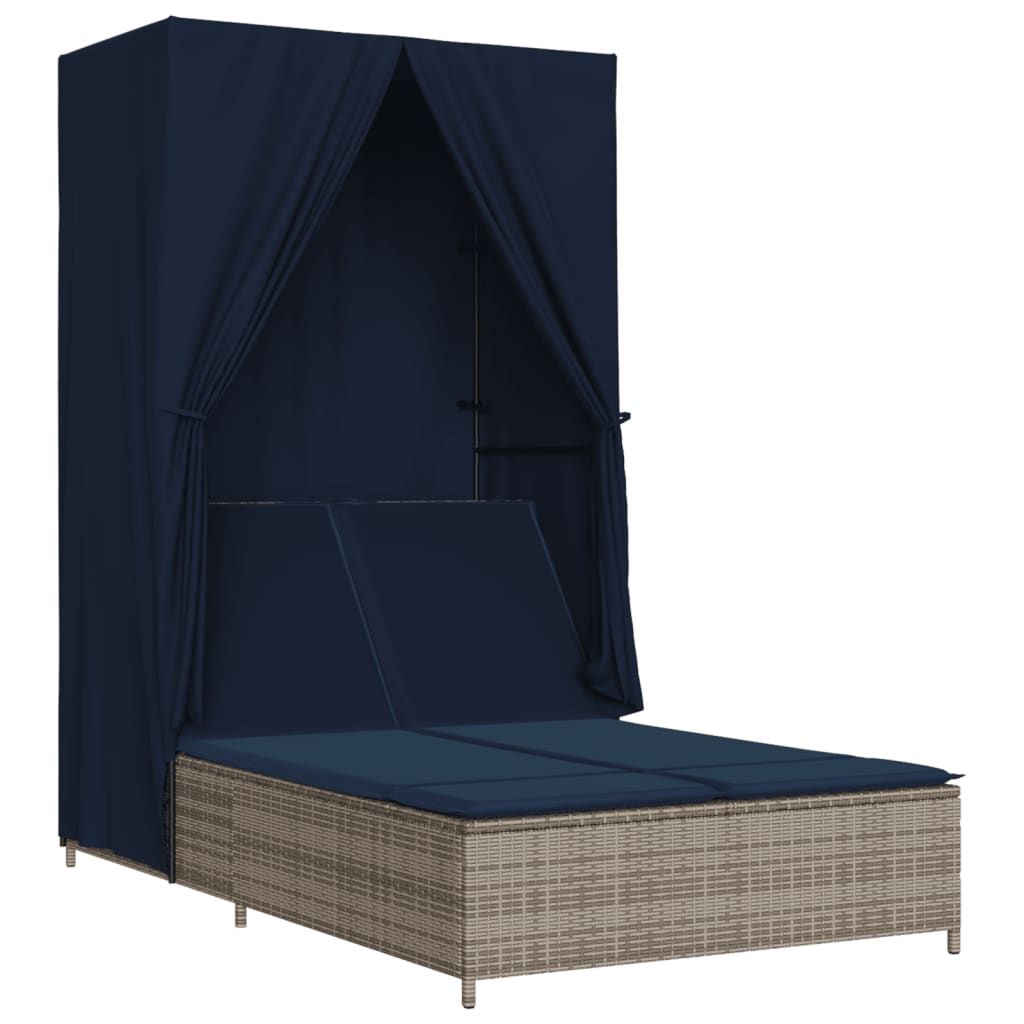 vidaXL Double Sun Lounger with Roof and Curtains Gray Poly Rattan