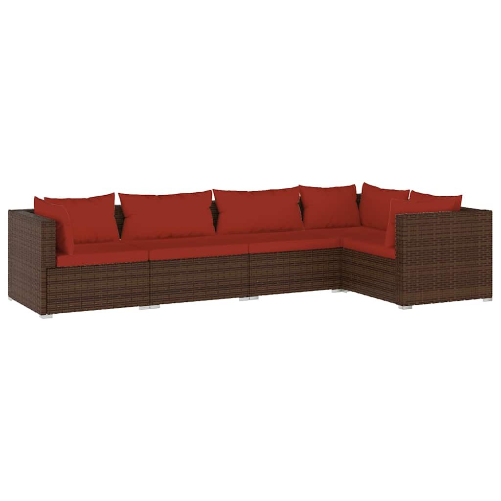 vidaXL 5 Piece Garden Lounge Set with Cushions Poly Rattan Brown