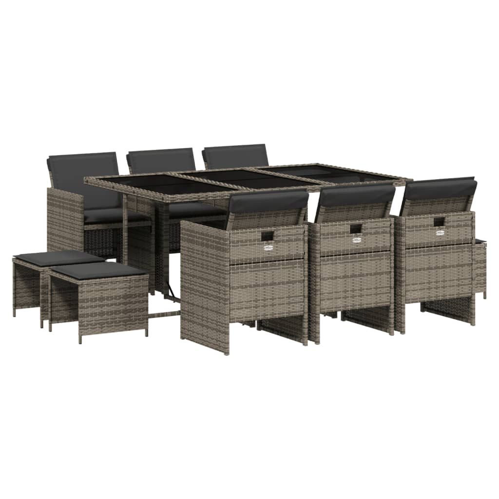 vidaXL 11 Piece Patio Dining Set with Cushions Gray Poly Rattan