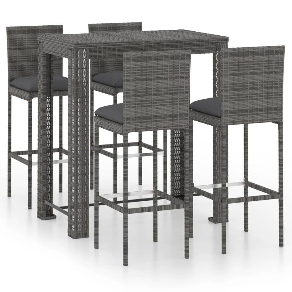 vidaXL 5 Piece Patio Bar Set with Cushions Poly Rattan Gray