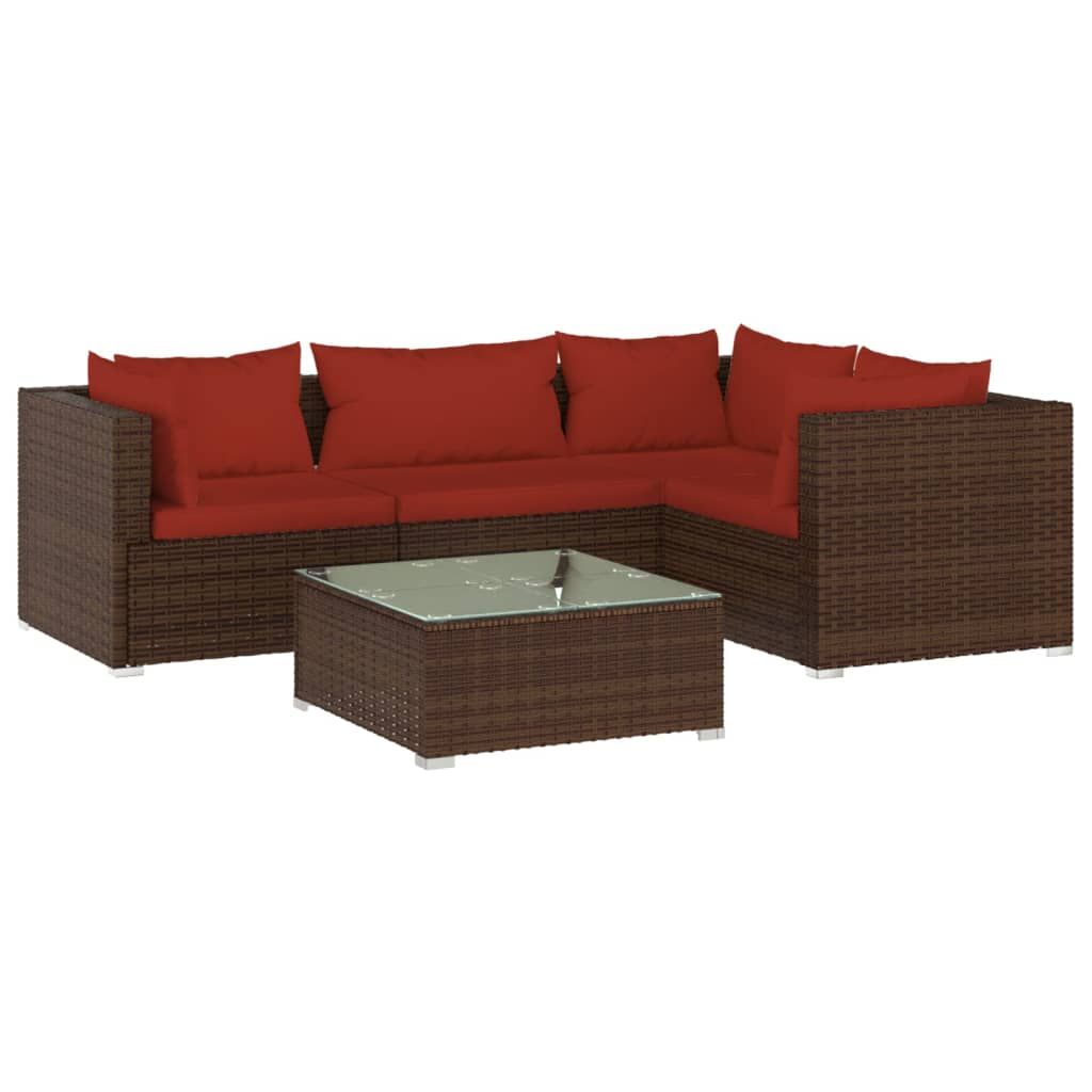 vidaXL 5 Piece Patio Lounge Set with Cushions Poly Rattan Brown