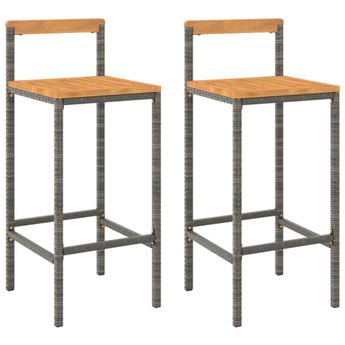 vidaXL Bar Stools 2 pcs Grey Poly Rattan and Solid Wood Acacia
