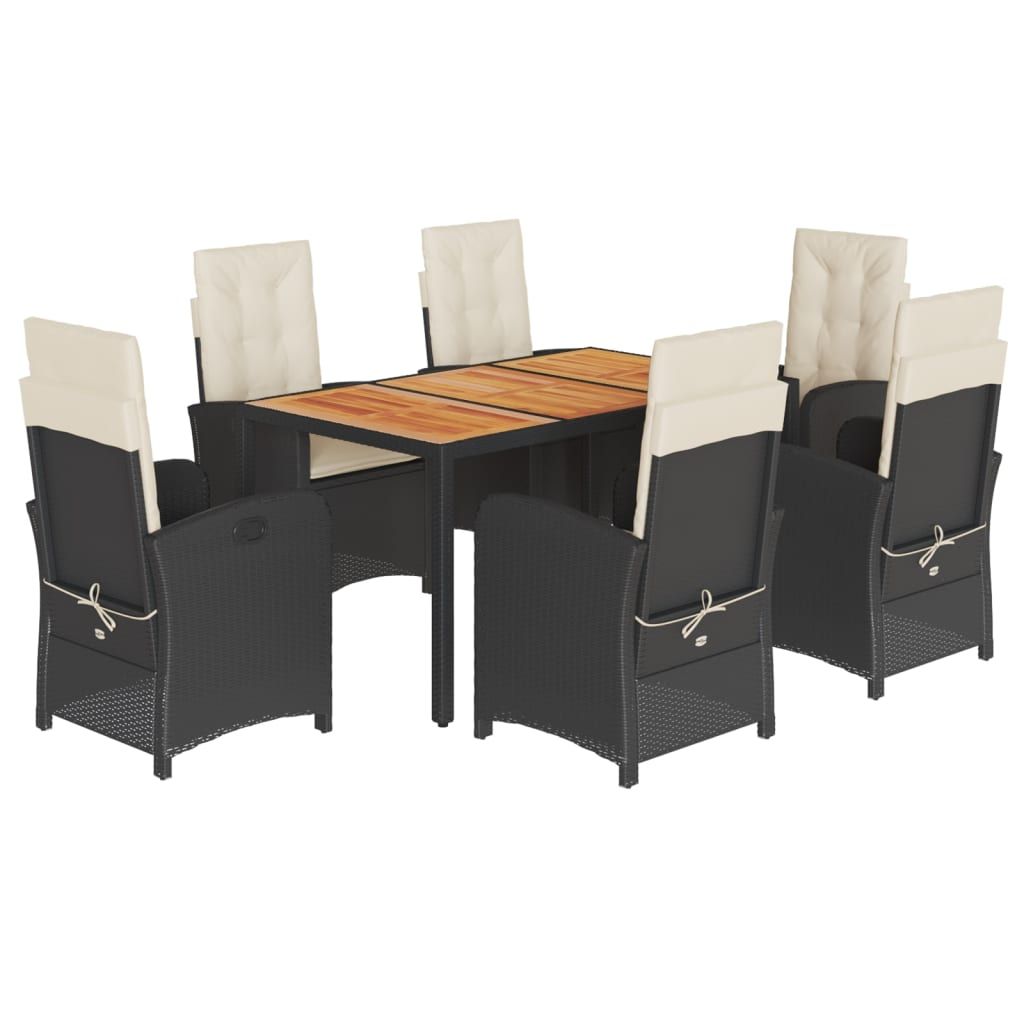 vidaXL 7 Piece Garden Dining Set with Cushions Black Poly Rattan