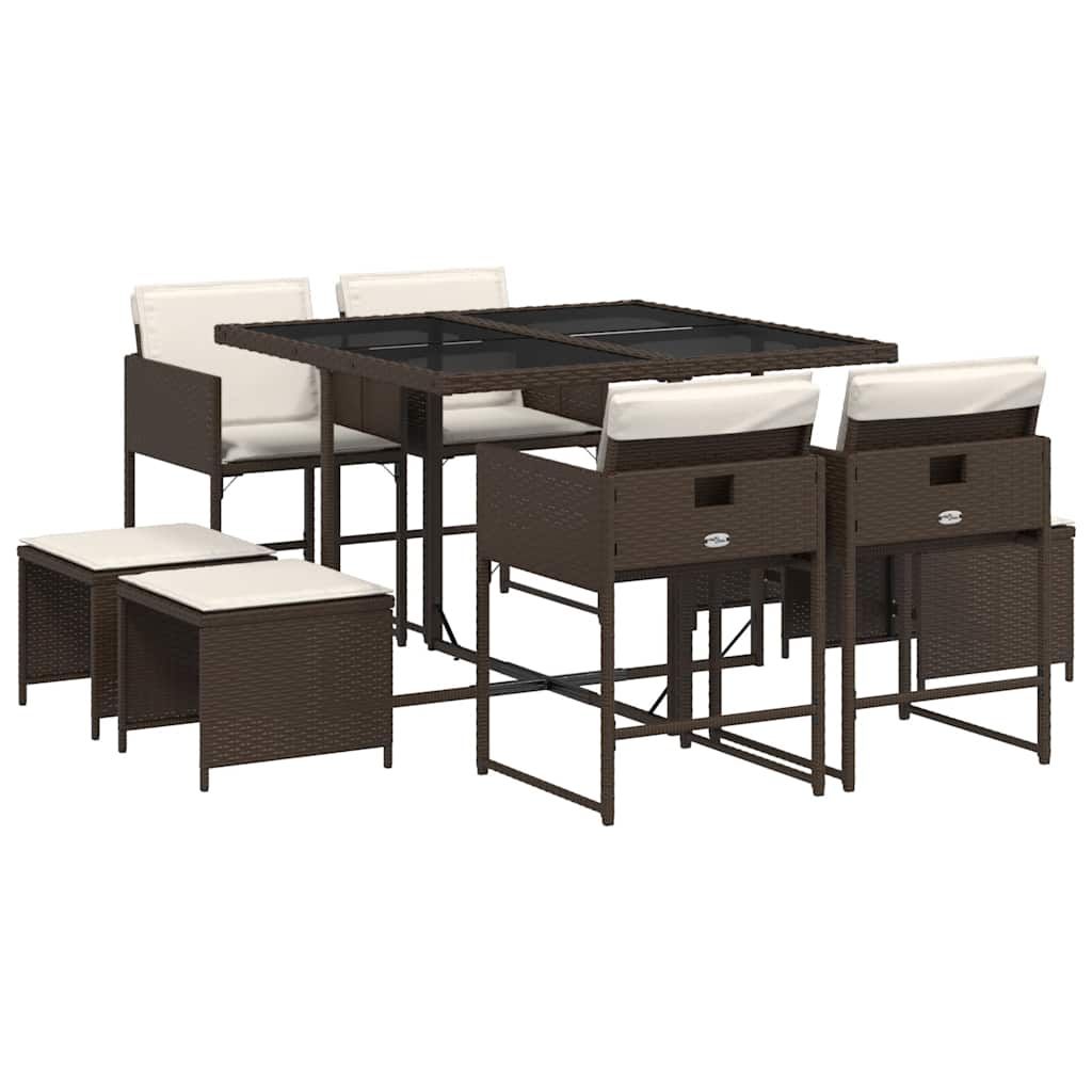 vidaXL 9 Piece Patio Dining Set with Cushions Brown Poly Rattan