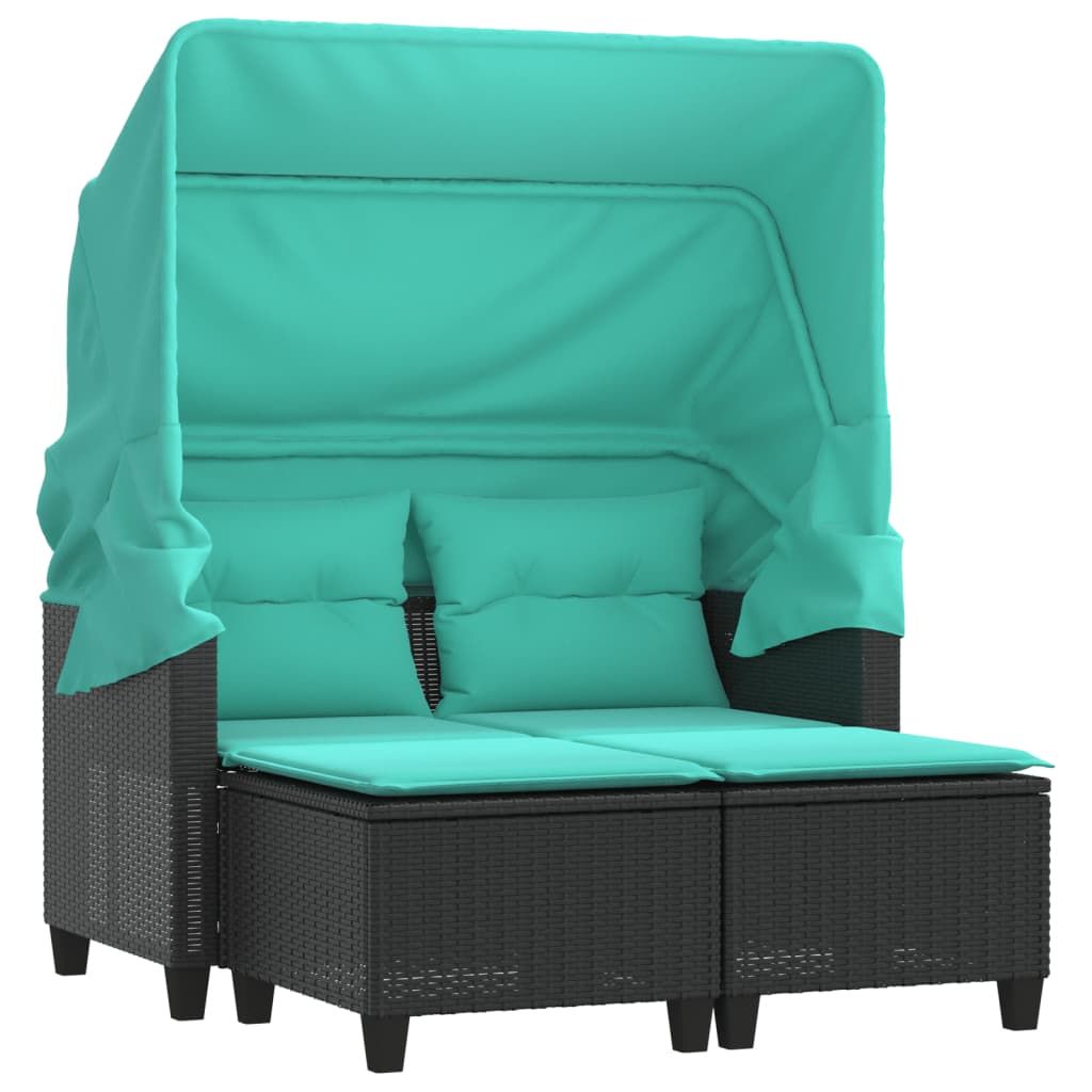 vidaXL Patio Sofa 2-Seater with Canopy and Stools Black Poly Rattan