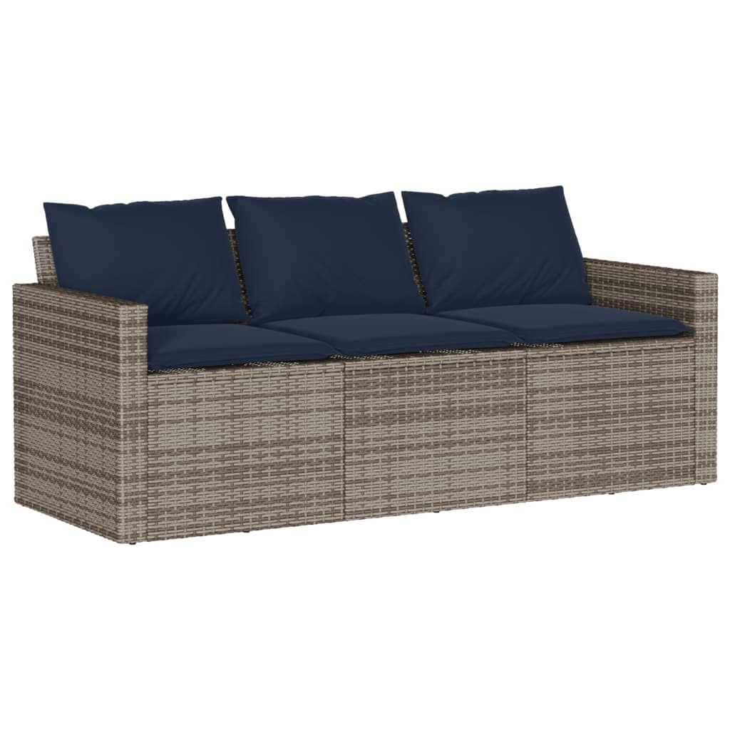 vidaXL Patio Sofa with Cushions 3-Seater Gray Poly Rattan