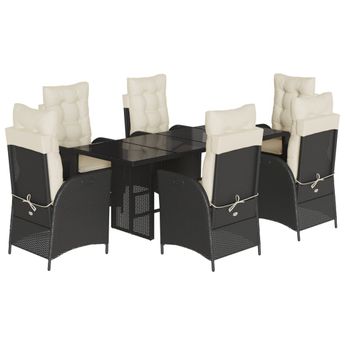 vidaXL 7 Piece Garden Dining Set with Cushions Black Poly Rattan