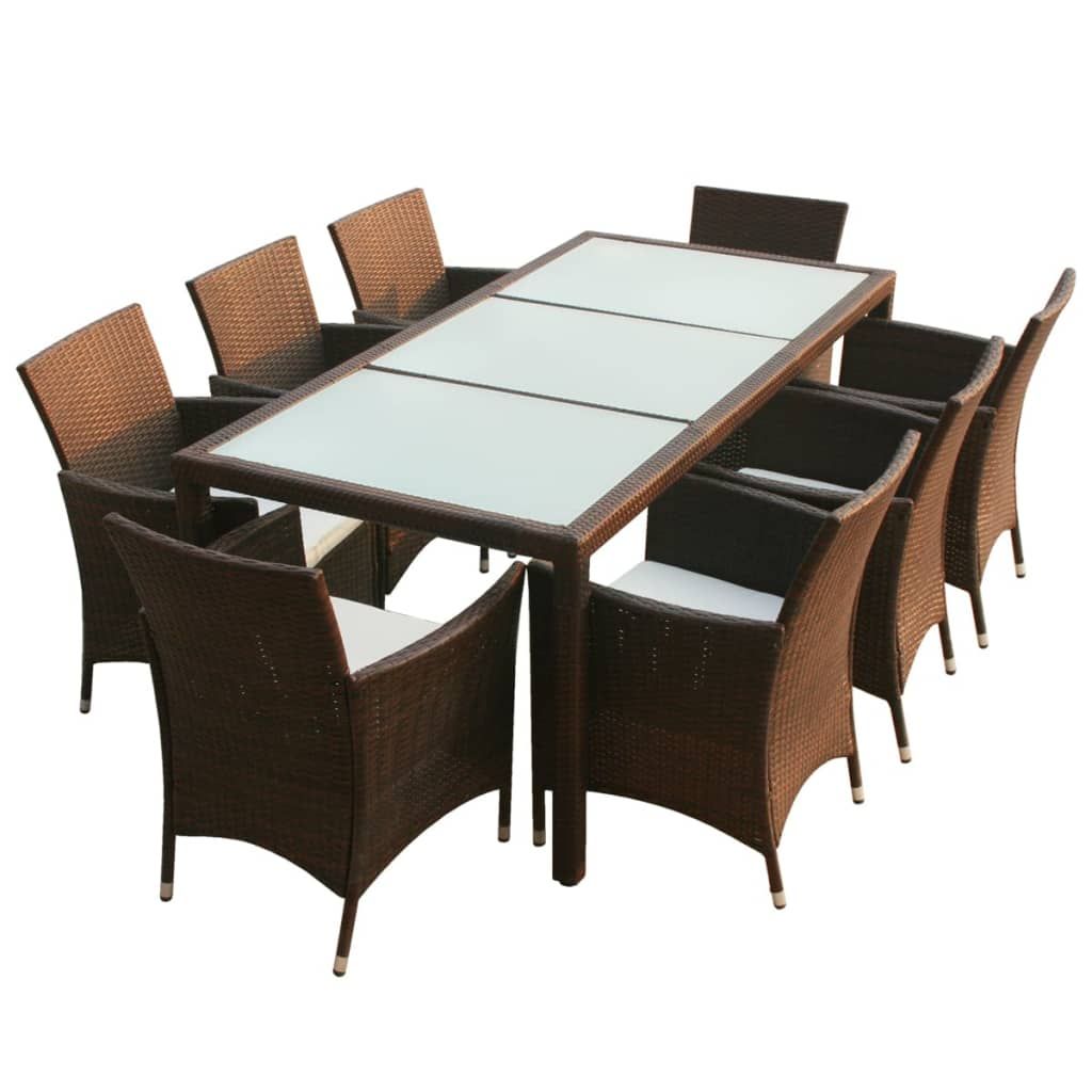 vidaXL 9 Piece Patio Dining Set with Cushions Poly Rattan Brown