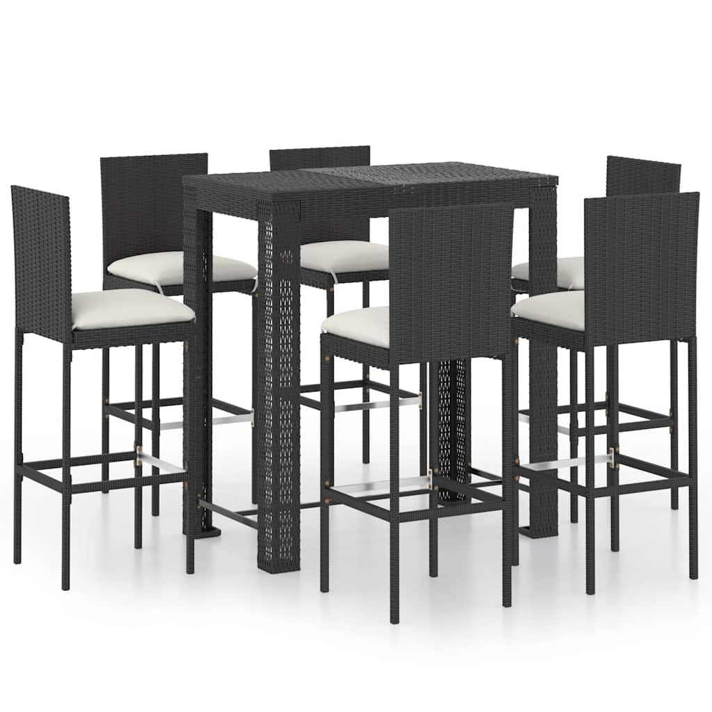 vidaXL 7 Piece Patio Bar Set with Cushions Poly Rattan Black