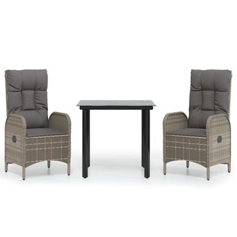 vidaXL 3 Piece Garden Dining Set with Cushions Black and Grey Poly Rattan