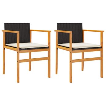vidaXL Garden Chairs with Cushions 2 pcs Black Poly Rattan&Solid Wood