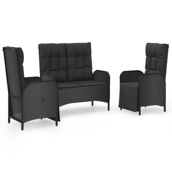 vidaXL 3 Piece Garden Dining Set with Cushions Black Poly Rattan