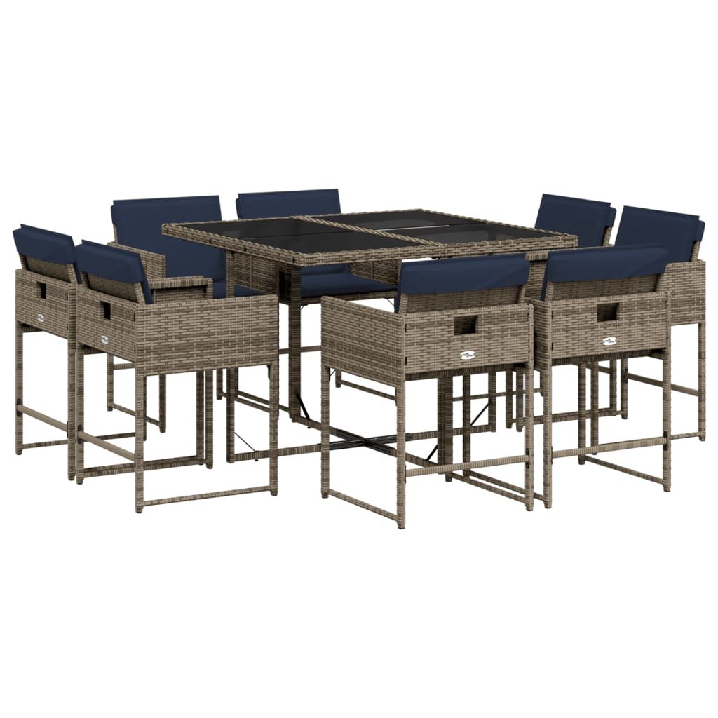 vidaXL 9 Piece Garden Dining Set with Cushions Grey Poly Rattan