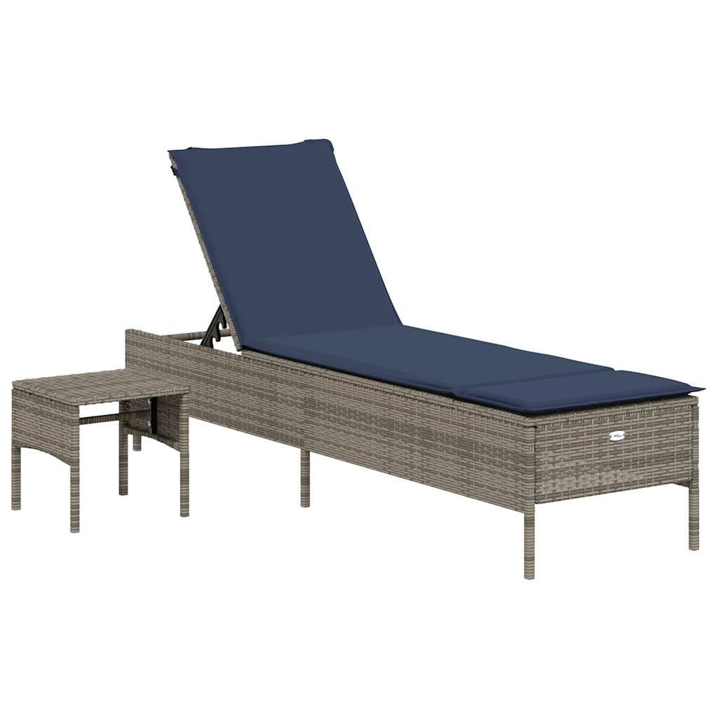 vidaXL Sun Lounger with Table and Cushion Grey Poly Rattan