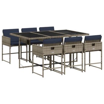 vidaXL 7 Piece Garden Dining Set with Cushions Grey Poly Rattan