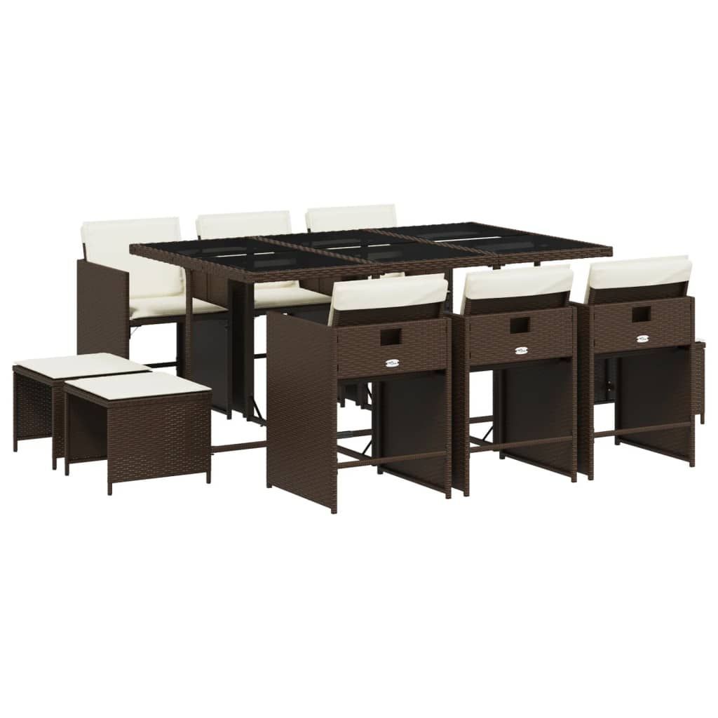 vidaXL 11 Piece Patio Dining Set with Cushions Brown Poly Rattan