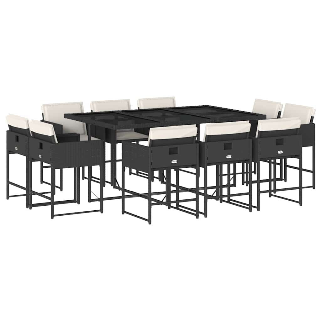 vidaXL 11 Piece Patio Dining Set with Cushions Black Poly Rattan