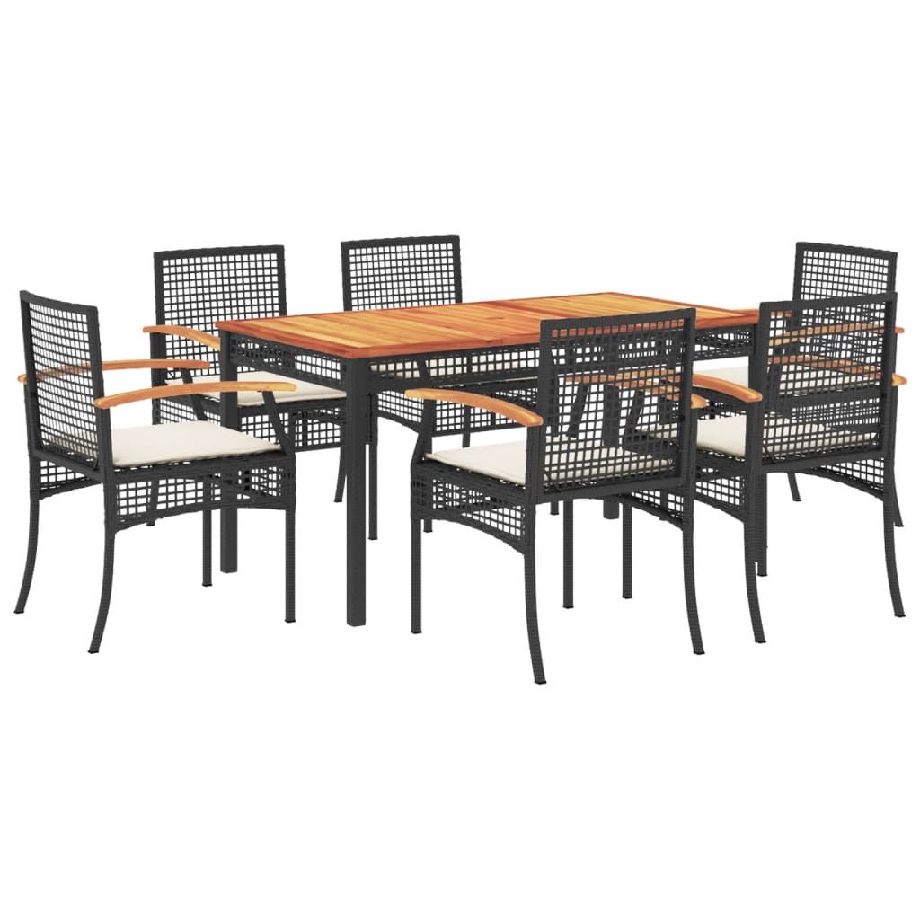 vidaXL 7 Piece Patio Dining Set with Cushions Black Poly Rattan