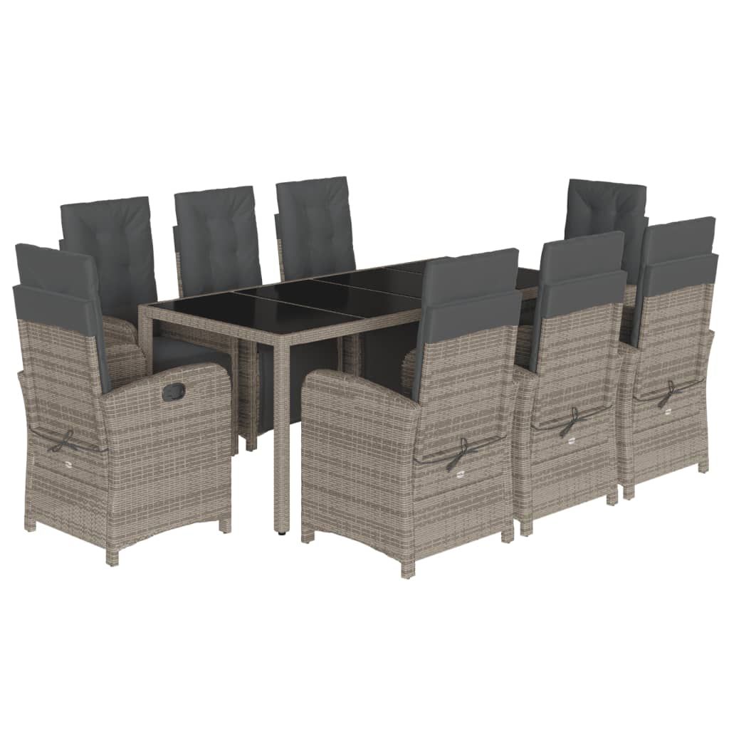 vidaXL 9 Piece Garden Dining Set with Cushions Grey Poly Rattan