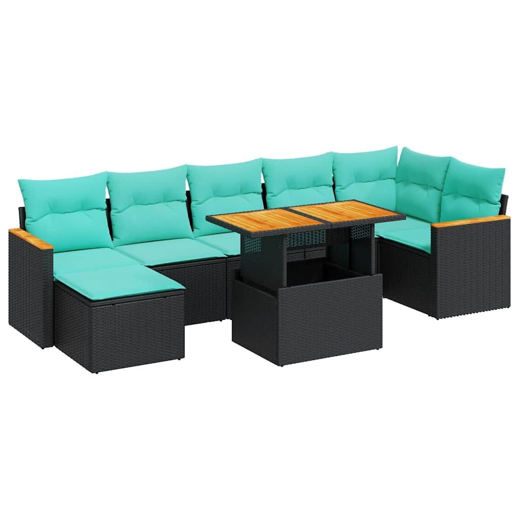 vidaXL 7 Piece Garden Sofa Set with Cushions Black Poly Rattan Acacia