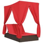 vidaXL Double Sun Lounger with Roof and Curtains Brown Poly Rattan