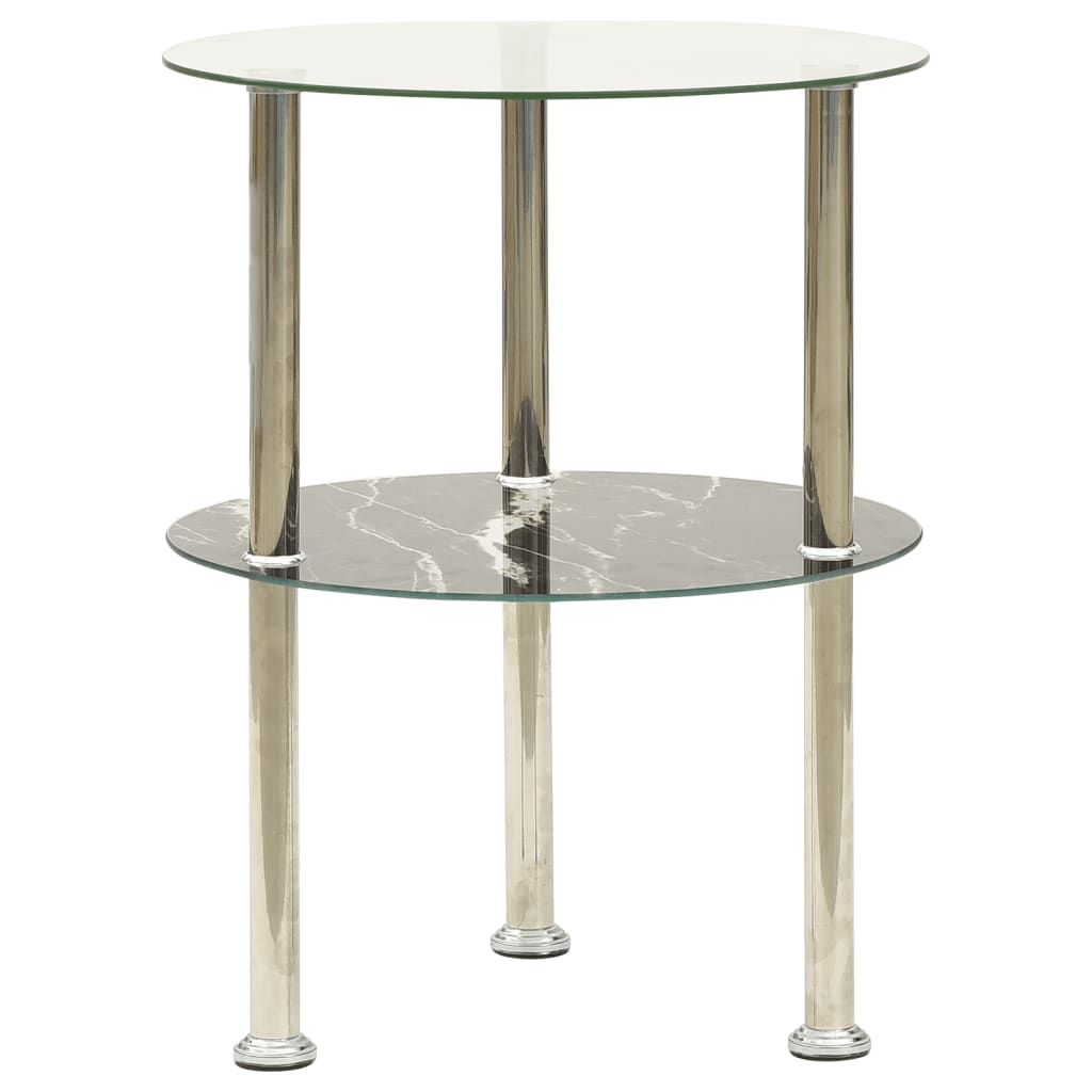 vidaXL 2-Tier Side Table Transparent & Black Marble 15" Tempered Glass