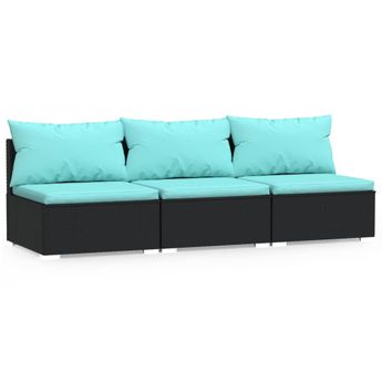 vidaXL 3 Seat Patio Sofa with Cushions Black Poly Rattan