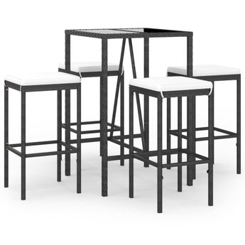 vidaXL 5 Piece Patio Bar Set with Cushions Black Poly Rattan