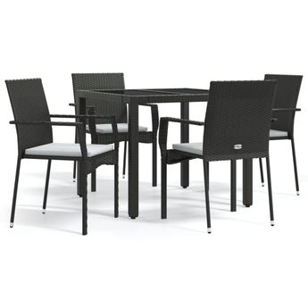 vidaXL 5 Piece Garden Dining Set with Cushions Black Poly Rattan