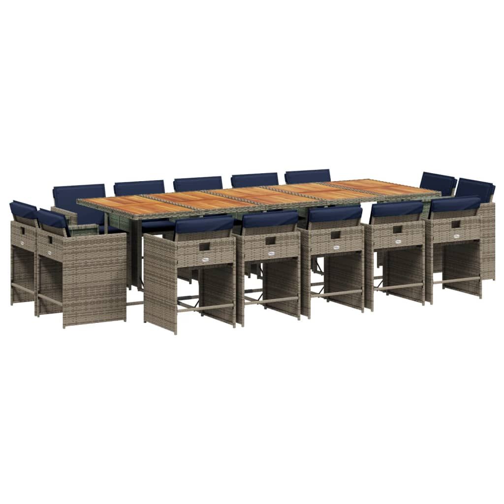 vidaXL 15 Piece Garden Dining Set with Cushions Grey Poly Rattan