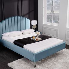 Estila Art deco double bed Aqumarine light blue velvet with black legs 140x200