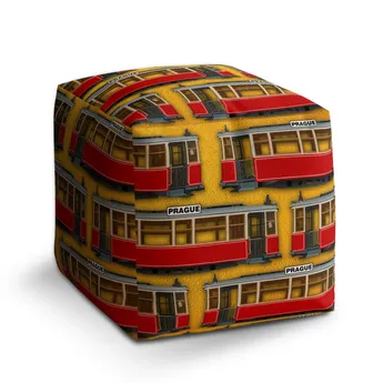 Sablio Taburet Cube Pražské historické tramvaje Žlutý Pattern - 60x60x60 cm