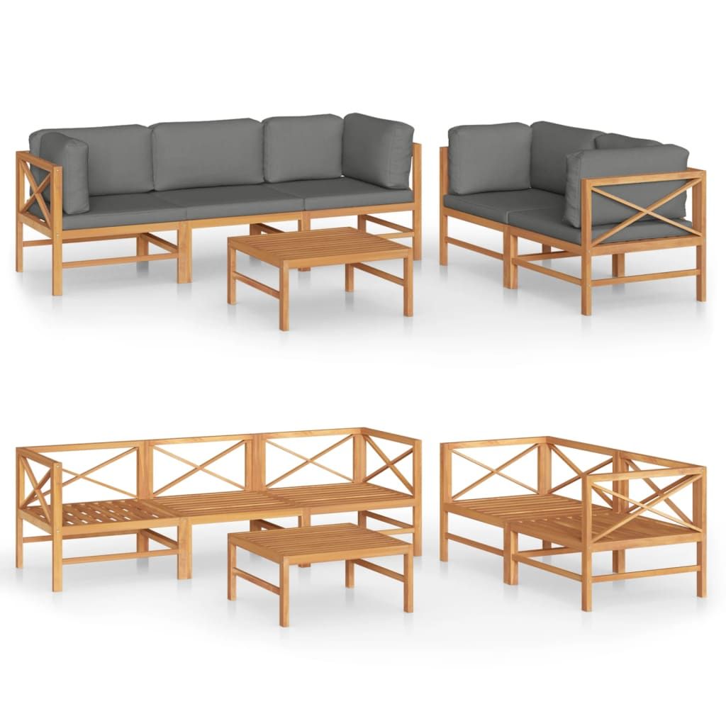 vidaXL 6 Piece Patio Lounge Set with Gray Cushions Solid Teak Wood