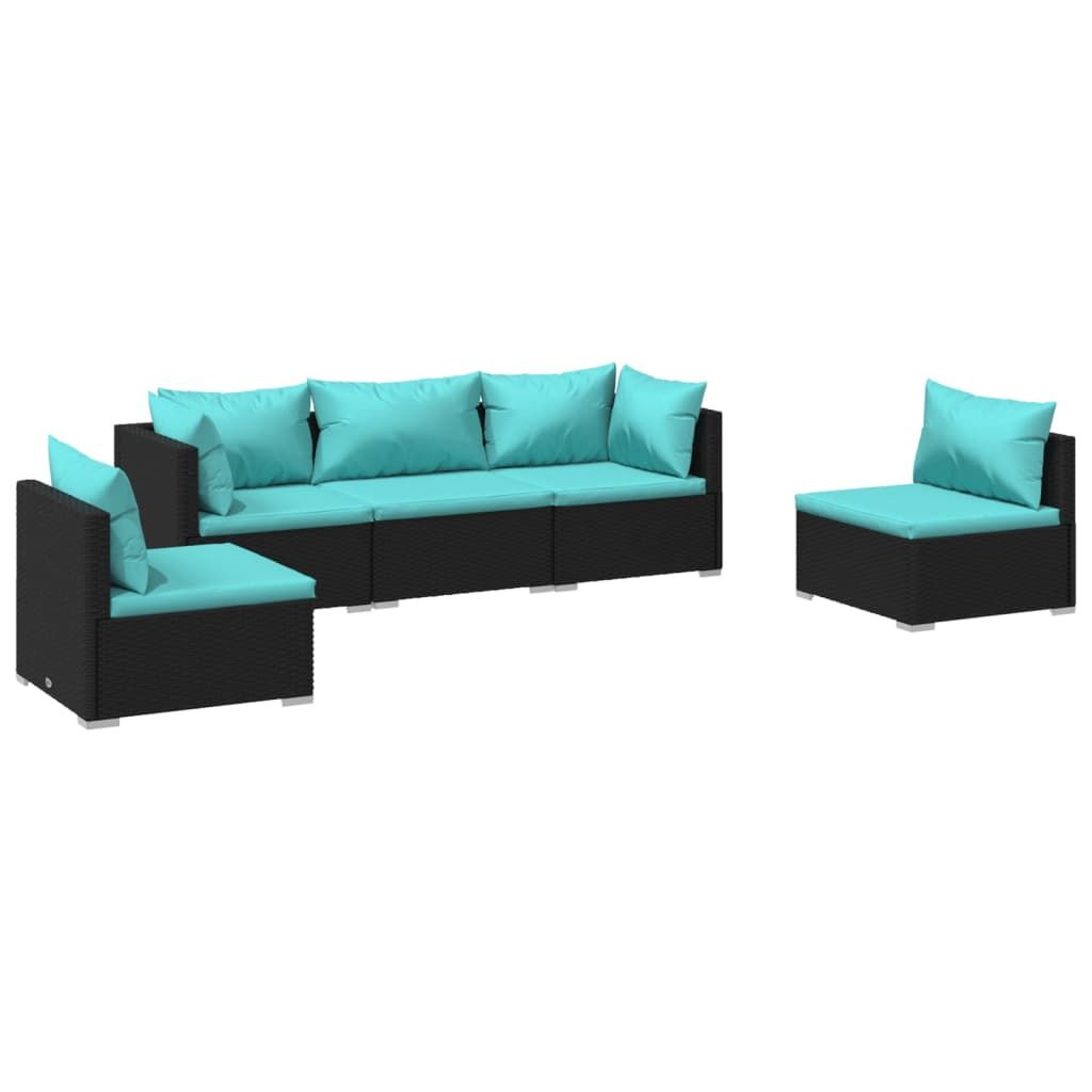vidaXL 5 Piece Patio Lounge Set with Cushions Poly Rattan Black