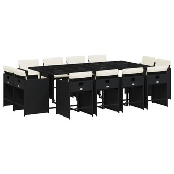 vidaXL 13 Piece Patio Dining Set with Cushions Black Poly Rattan