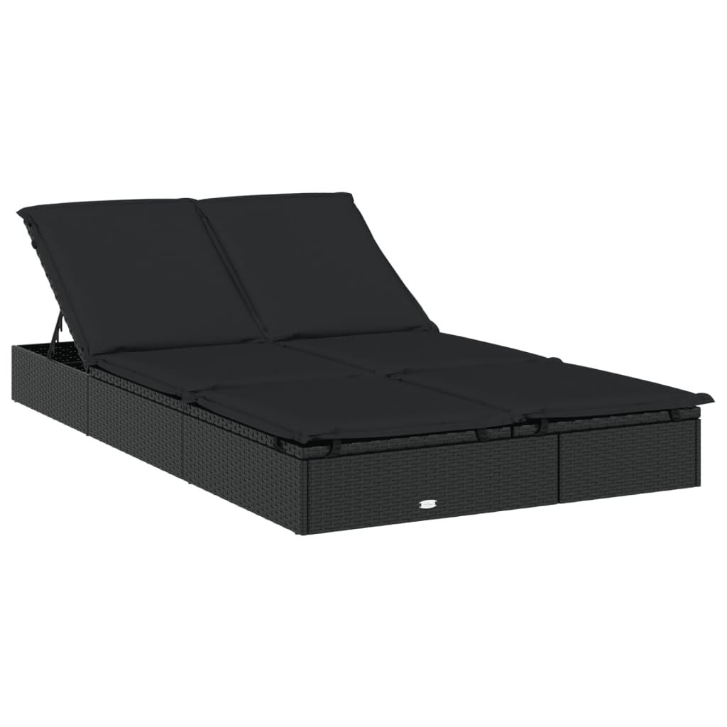 vidaXL 2-Person Sunbed with Cushions Black Poly Rattan