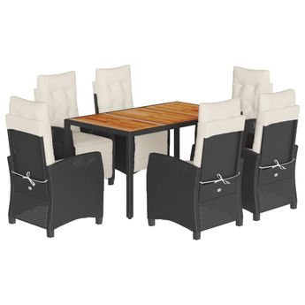 vidaXL 7 Piece Garden Dining Set with Cushions Black Poly Rattan