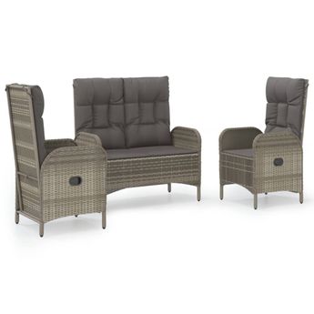 vidaXL 3 Piece Garden Dining Set with Cushions Grey Poly Rattan