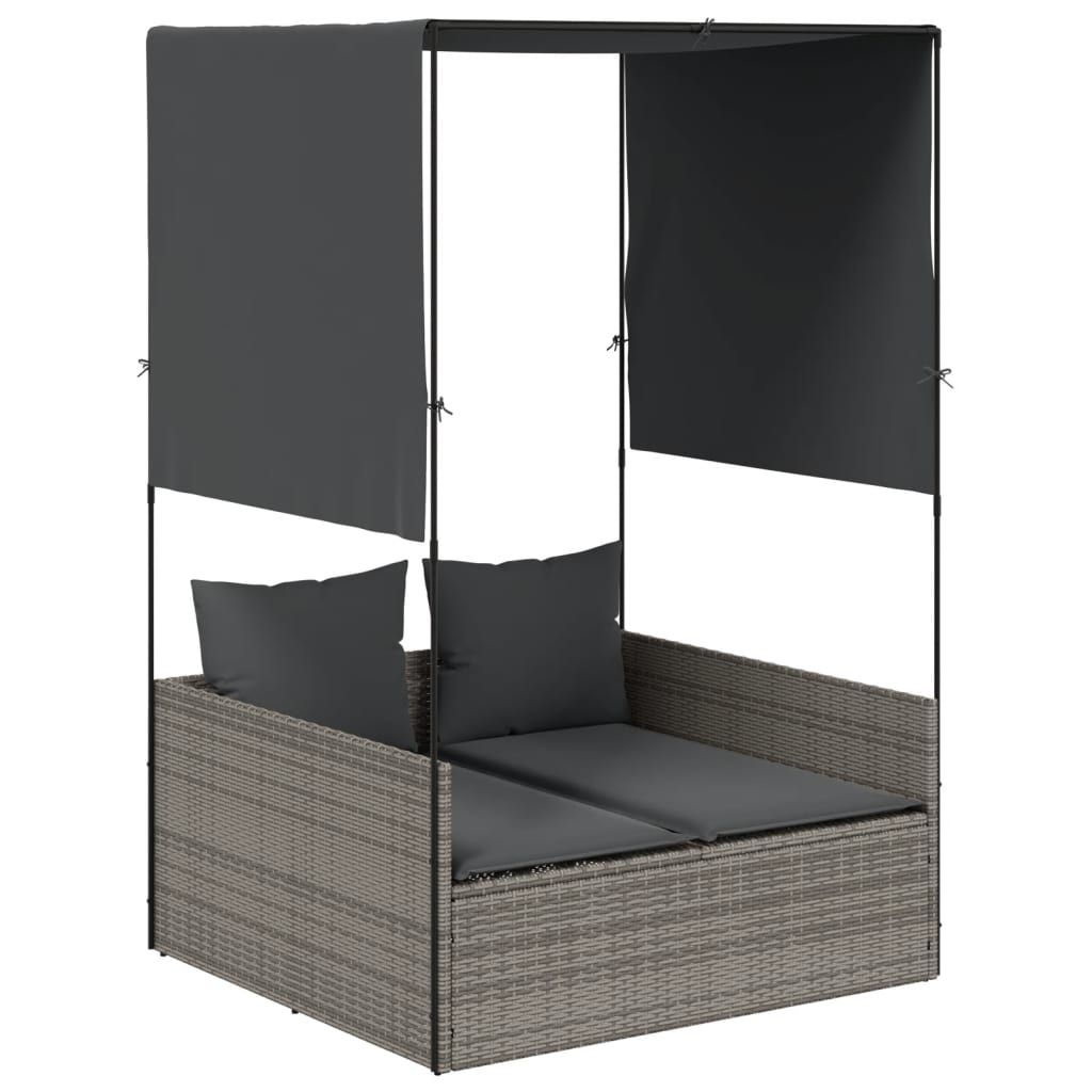 vidaXL Double Sun Lounger with Roof and Curtains Gray Poly Rattan