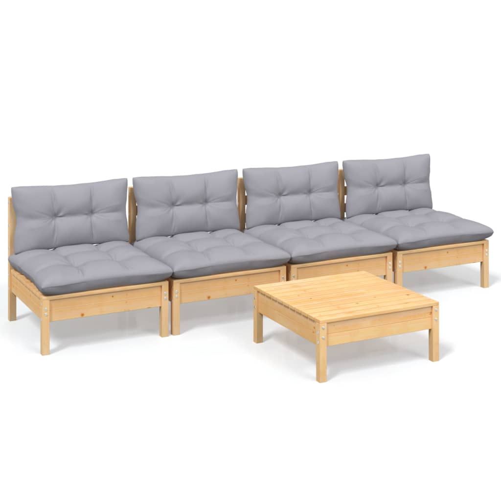 vidaXL 5 Piece Garden Lounge Set with Grey Cushions Pinewood