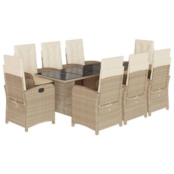 vidaXL 9 Piece Garden Dining Set with Cushions Beige Poly Rattan