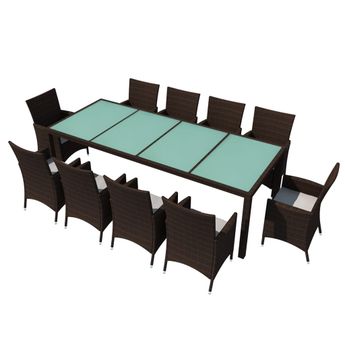 vidaXL 11 Piece Patio Dining Set with Cushions Poly Rattan Brown