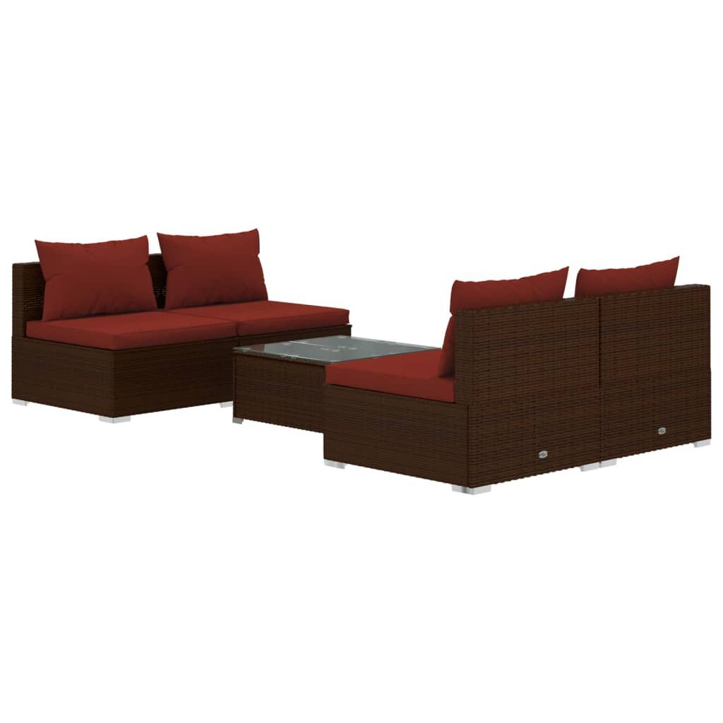 vidaXL 5 Piece Patio Lounge Set with Cushions Poly Rattan Brown