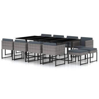 vidaXL 13 Piece Patio Dining Set with Cushions Poly Rattan Gray